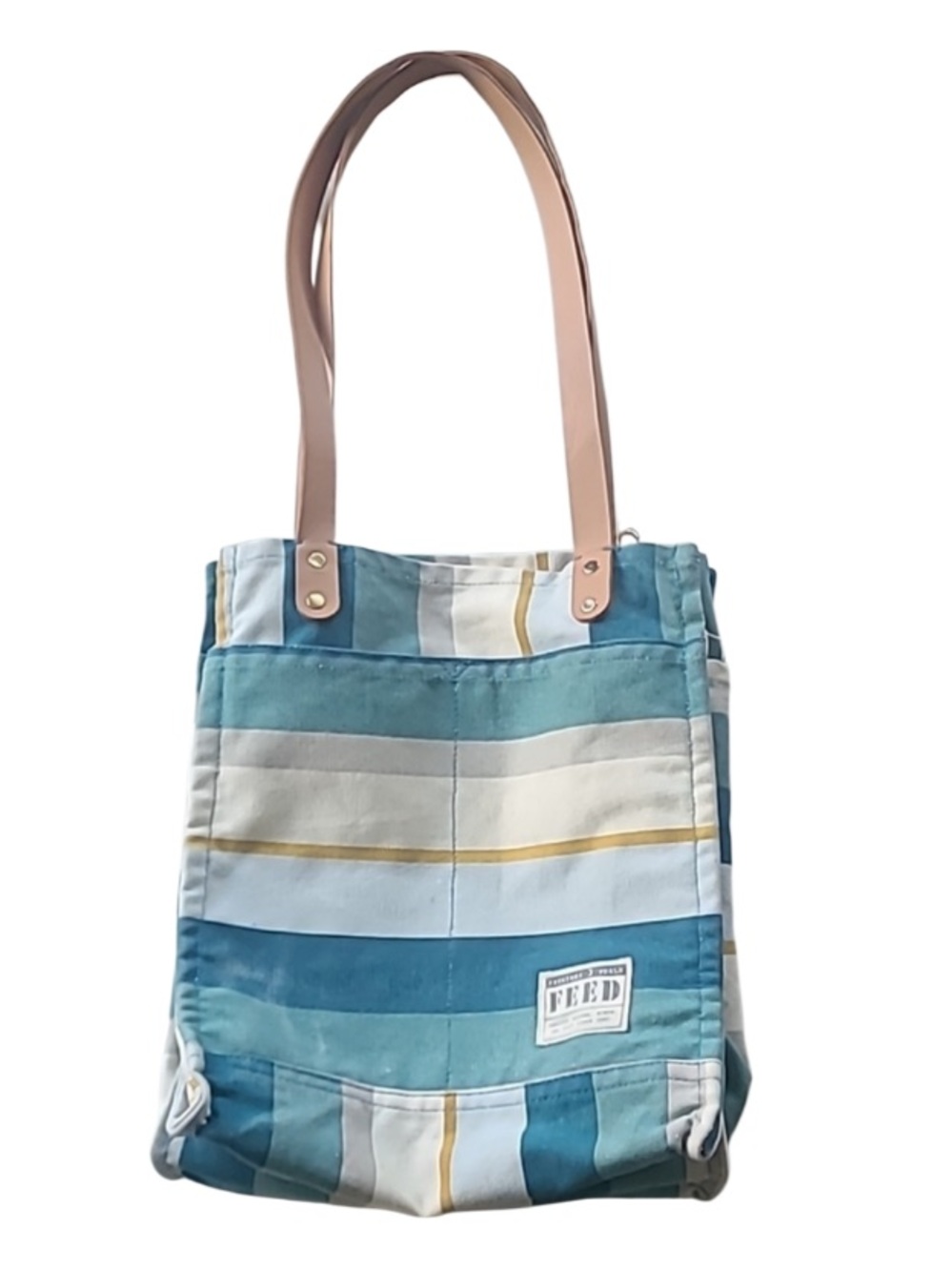 FEED Coastal Striped Canvas Striped Tote Market in Teal and Cream
